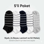 Ekonomik Kadın Patik Çorap 5'li Paket %85 Pamuklu Çizgili Yumuşak Konforlu Nefes Alabilir Set
