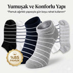 Ekonomik Kadın Patik Çorap 5'li Paket %85 Pamuklu Çizgili Yumuşak Konforlu Nefes Alabilir Set