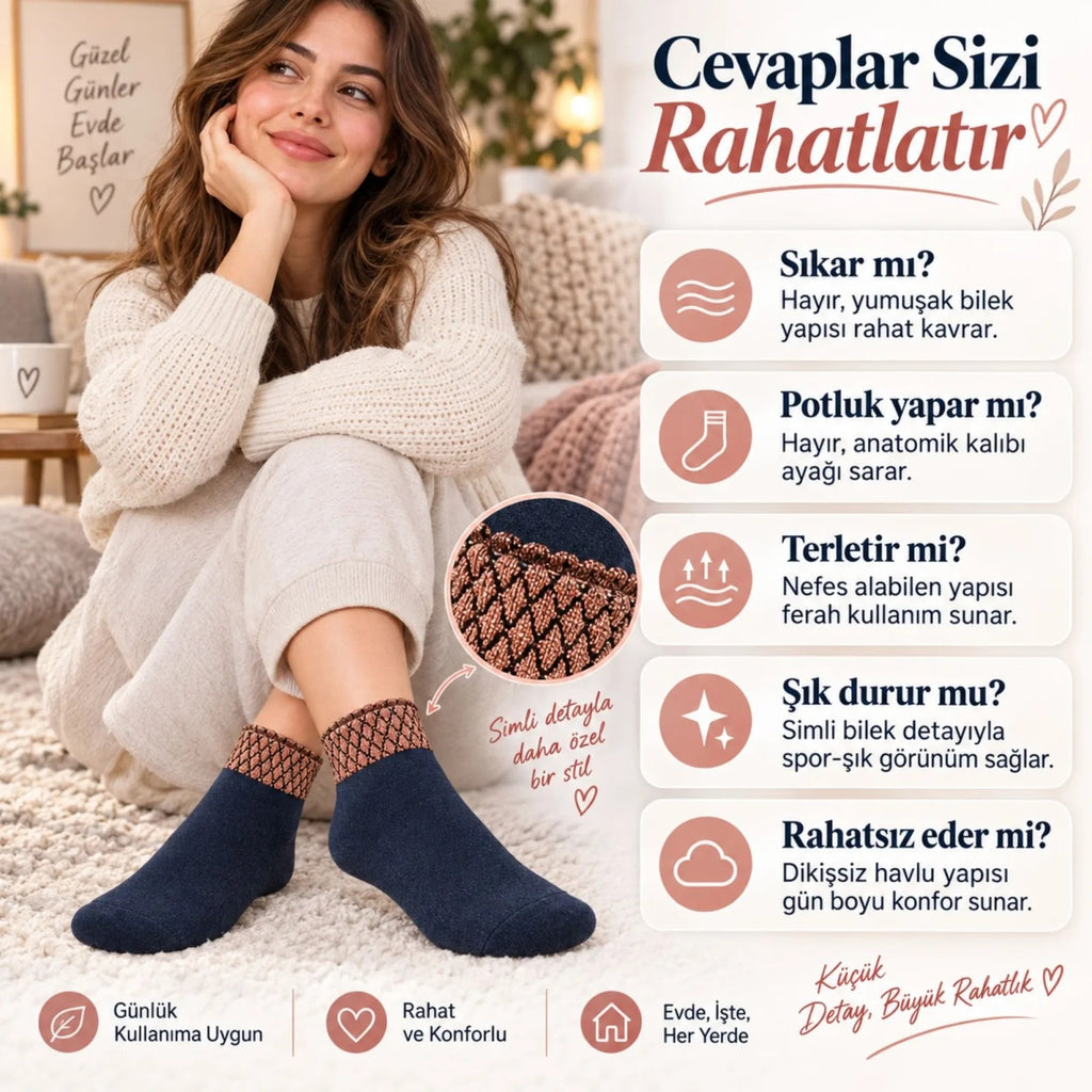 Kadın Simli 6'lı Bilek Patik Çorap | Dikişsiz Havlu Yapı, Yumuşak Konforlu Günlük Çorap