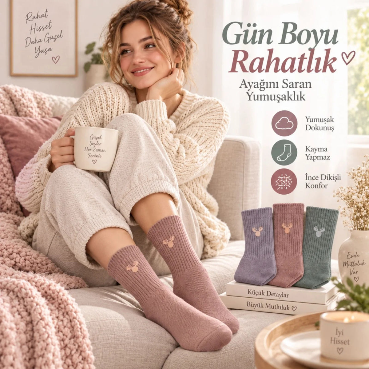 Kadın Geyik Nakışlı Fitilli Soket Çorap 3’lü – Yumuşak Dokulu Pastel Renk Günlük Çorap Seti
