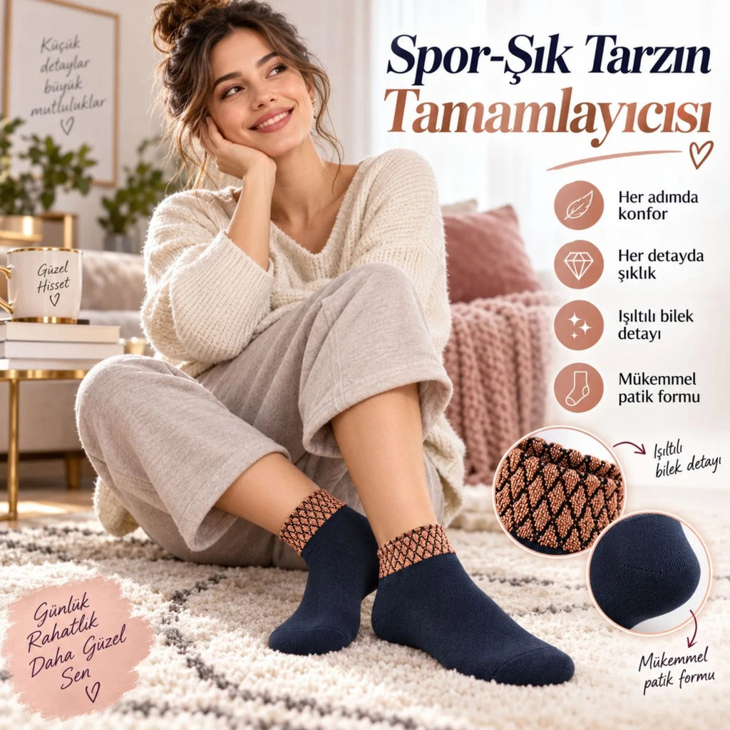 Kadın Simli 12'li Bilek Patik Çorap | Dikişsiz Havlu Yapı, Yumuşak Konforlu Günlük Çorap