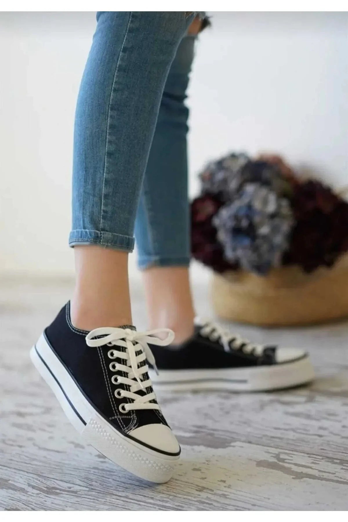 KN103 - Siyah Keten 5 cm Boy Uzatan Sneaker Kalın Taban Kısa Sıyah 5CM