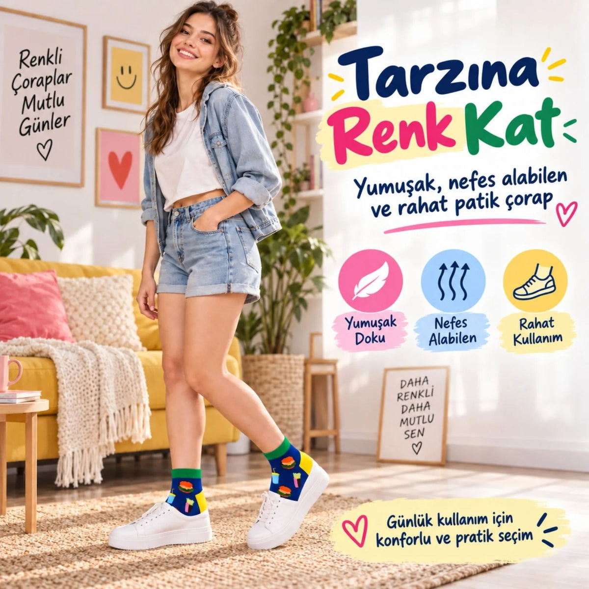Kadın Patik Çorap Lacivert Fast Food Desenli | Renkli Eğlenceli Günlük Rahat Kısa Bilek 12'li Paketi