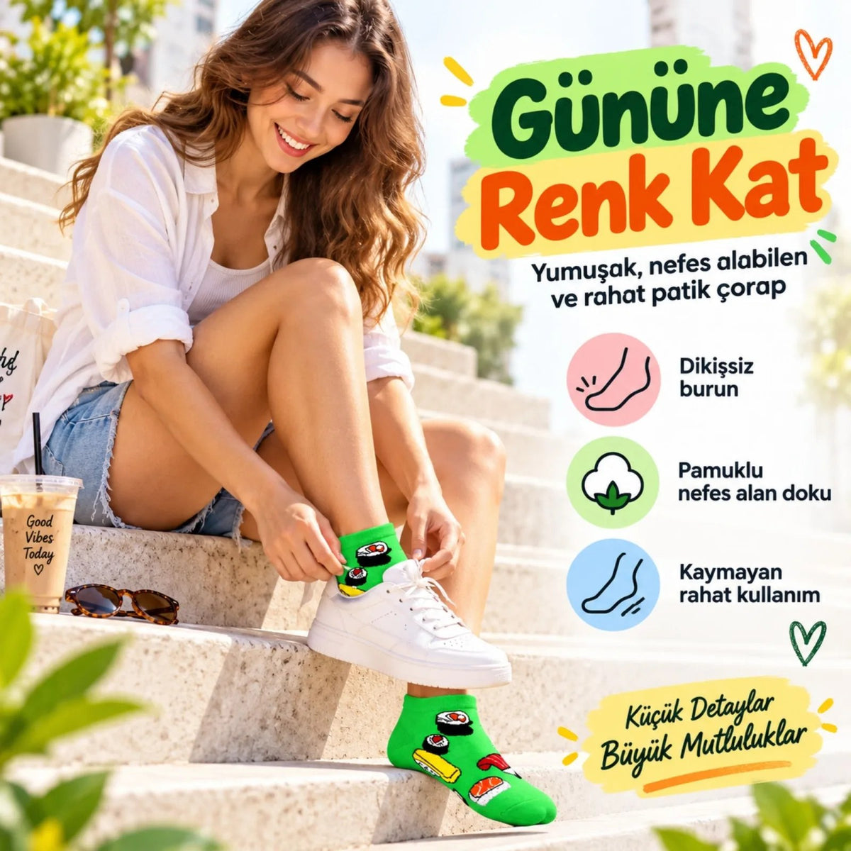 Kadın Patik Çorap Yeşil Sushi Desenli | Renkli Eğlenceli Günlük Kısa Bilek 12'li Avantajlı Çoklu Set