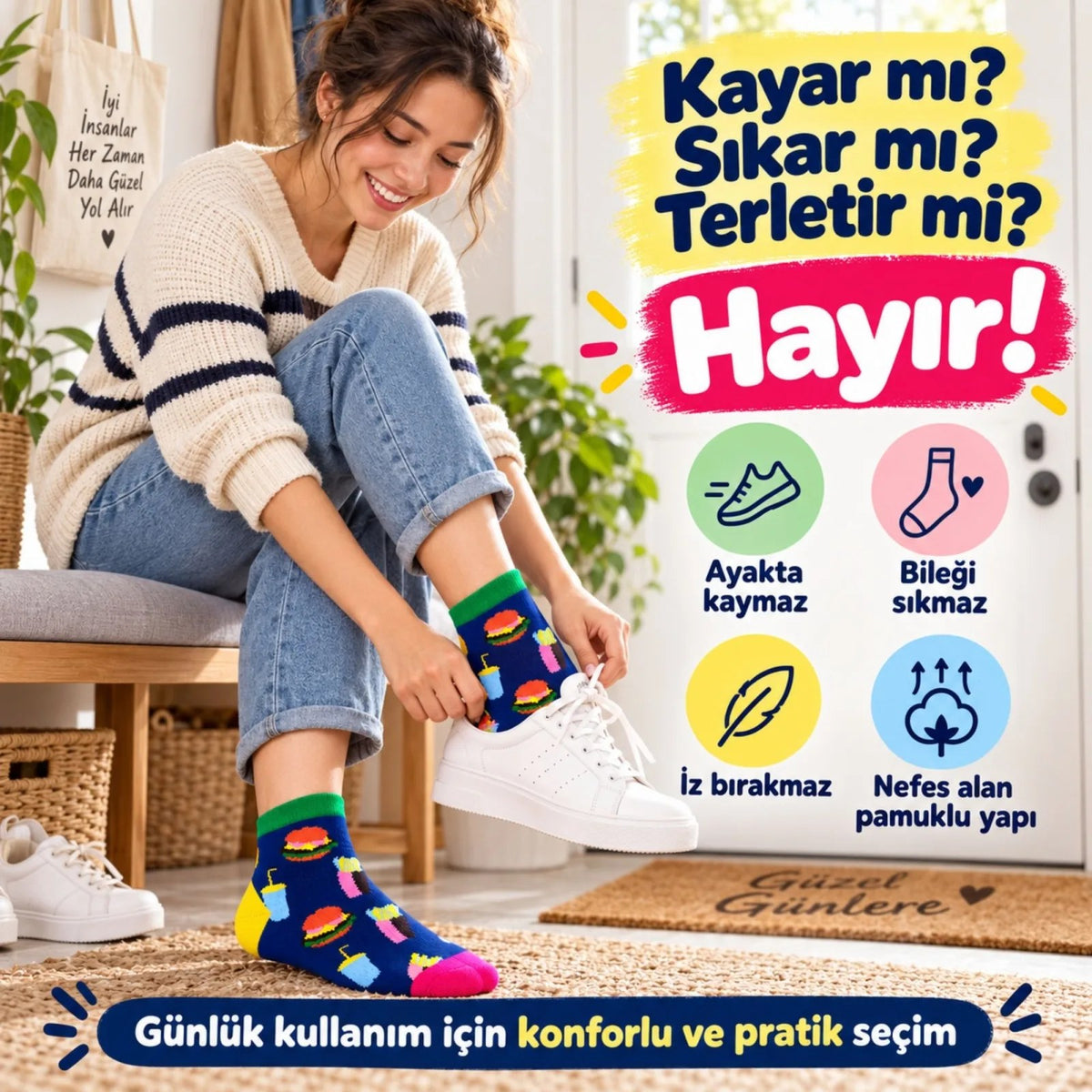 Kadın Patik Çorap Lacivert Fast Food Desenli | Renkli Eğlenceli Günlük Rahat Kısa Bilek 12'li Paketi