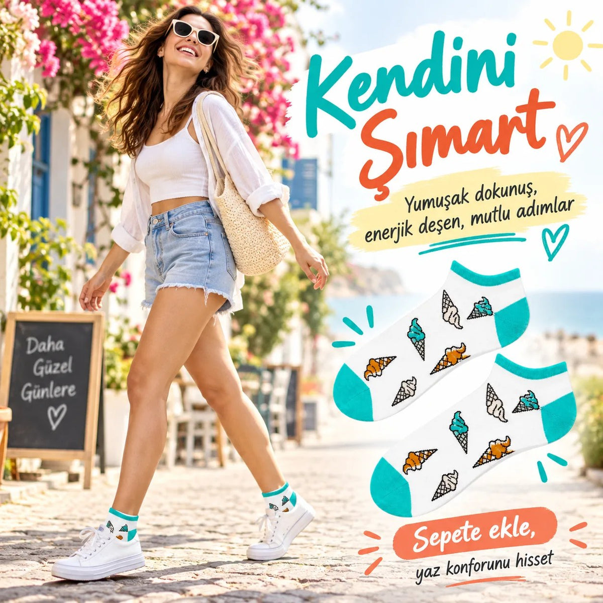 Kadın Beyaz Turkuaz Dondurma Desenli Patik Çorap | Rahat, Şık ve Eğlenceli Günlük Kısa Bilek Çorabı 3'lü Paket