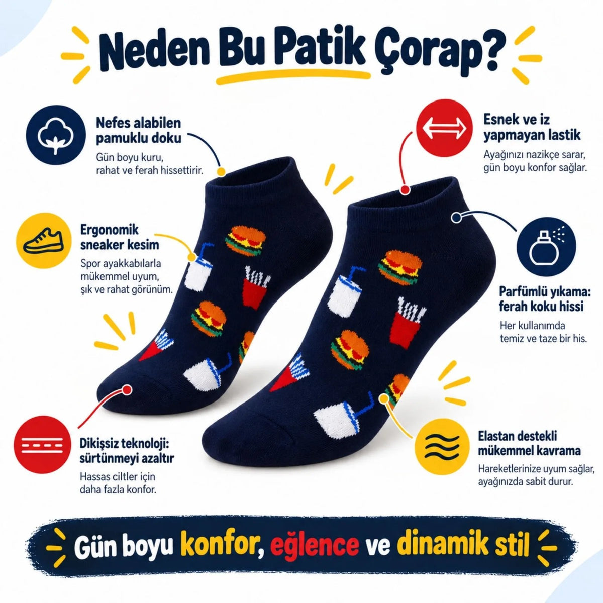 Lacivert Fast Food Hamburger Patates Desenli Patik Çorap 3'lü Eğlenceli Günlük Kısa Bilek Çorap Seti
