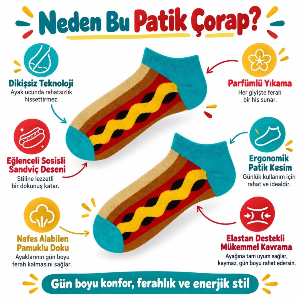 Hot Dog Desenli Patik 3'lü Çorap Seti | Renkli Eğlenceli Günlük Kısa Bilek Çorap Çoklu Paket Fırsatı