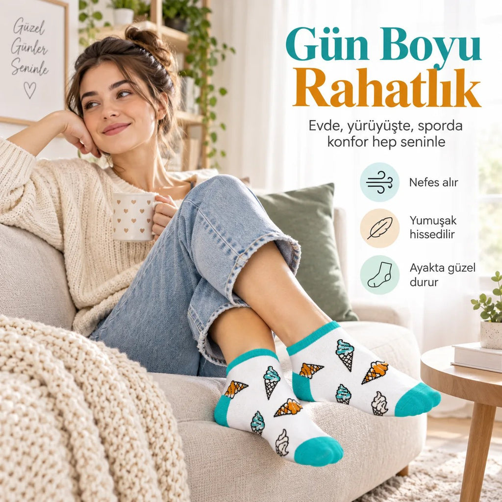 Kadın Beyaz Turkuaz Dondurma Desenli Patik Çorap | Rahat, Şık ve Eğlenceli Günlük Kısa Bilek Çorabı 3'lü Paket