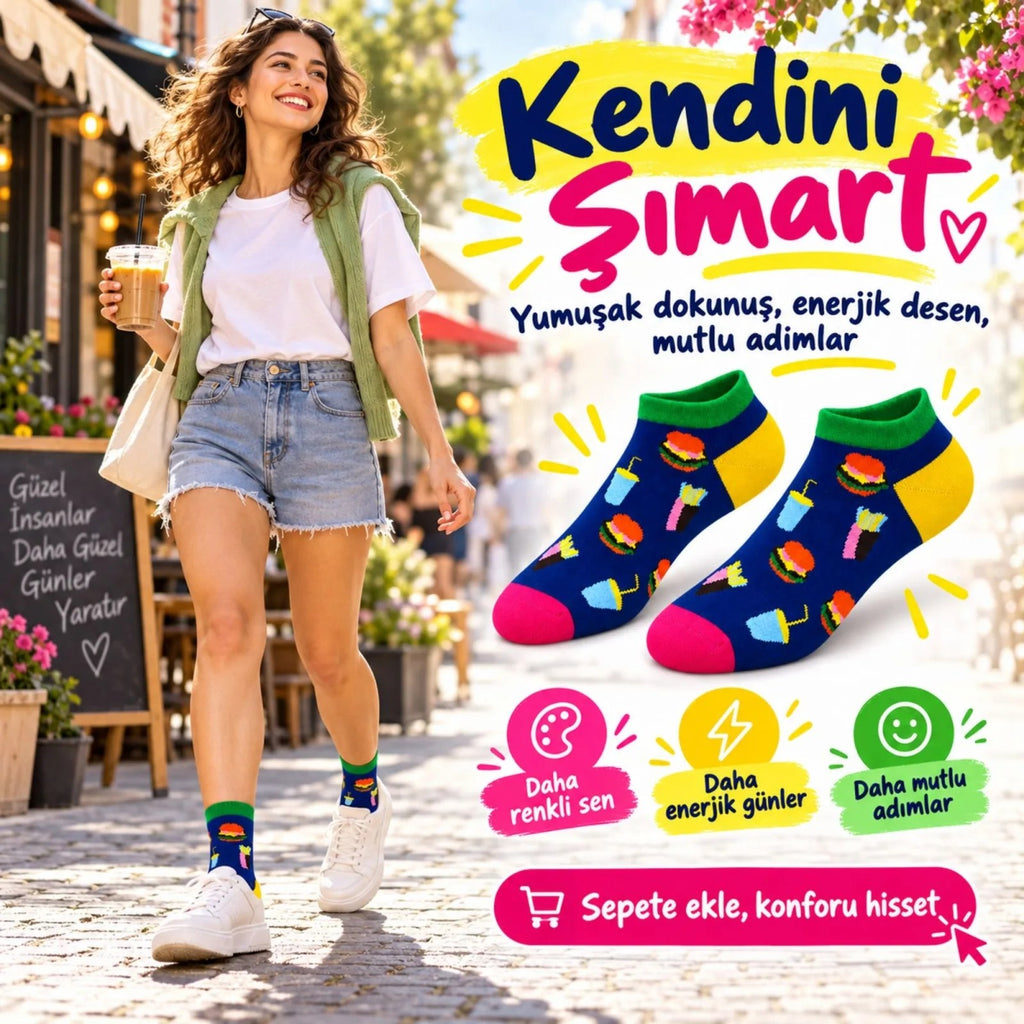 Kadın Patik Çorap Lacivert Fast Food Desenli | Renkli Eğlenceli Günlük Kısa Bilek 3'lü Paket Seti