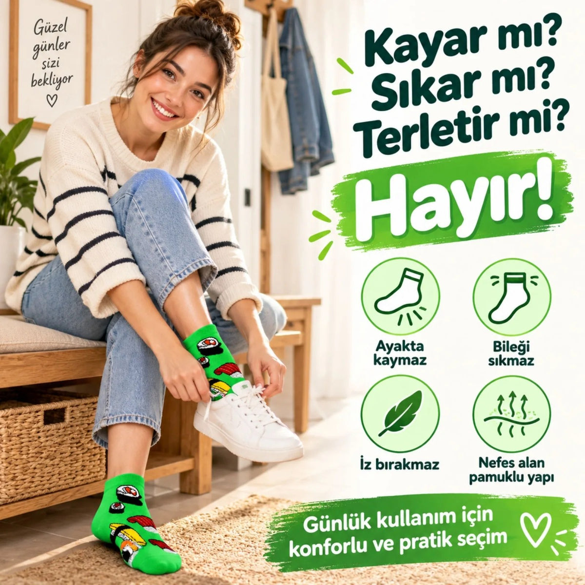 Kadın Patik Çorap Yeşil Sushi Desenli  | Renkli Eğlenceli Günlük Kısa Bilek Çorap 3'lü Paket Avantaj Paketi