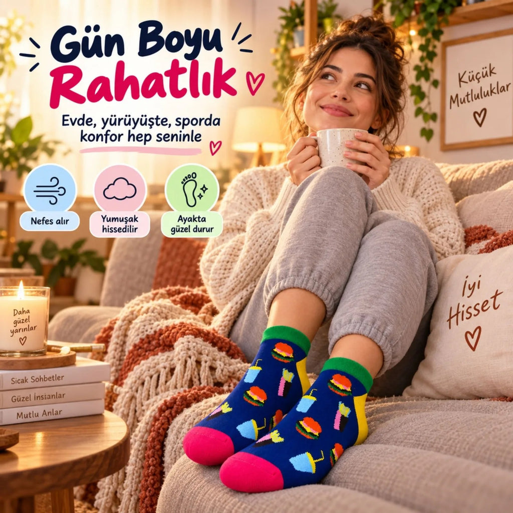 Kadın Patik Çorap Lacivert Fast Food Desenli | Renkli Eğlenceli Günlük Kısa Bilek 3'lü Paket Seti