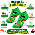 Kadın Patik Çorap Yeşil Sushi Desen | Renkli Eğlenceli Günlük Kısa Bilek Çorap 6'lı Avantajlı Çorap Seti