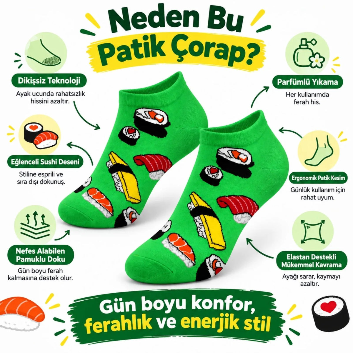 Kadın Patik Çorap Yeşil Sushi Desen | Renkli Eğlenceli Günlük Kısa Bilek Çorap 6'lı Avantajlı Çorap Seti