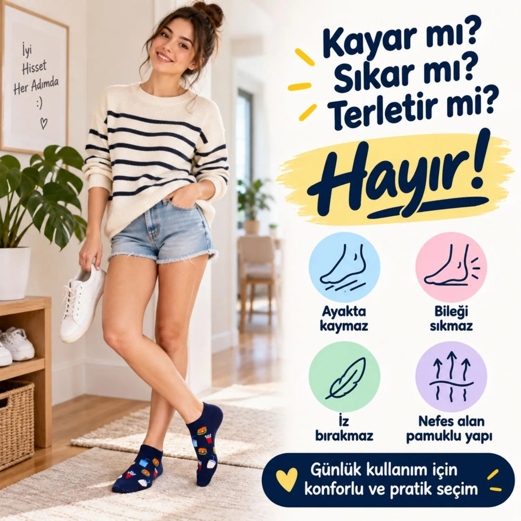 Lacivert Fast Food Hamburger Patates Desenli Patik Çorap  6'lı Eğlenceli Günlük Kısa Bilek Çorap Seti