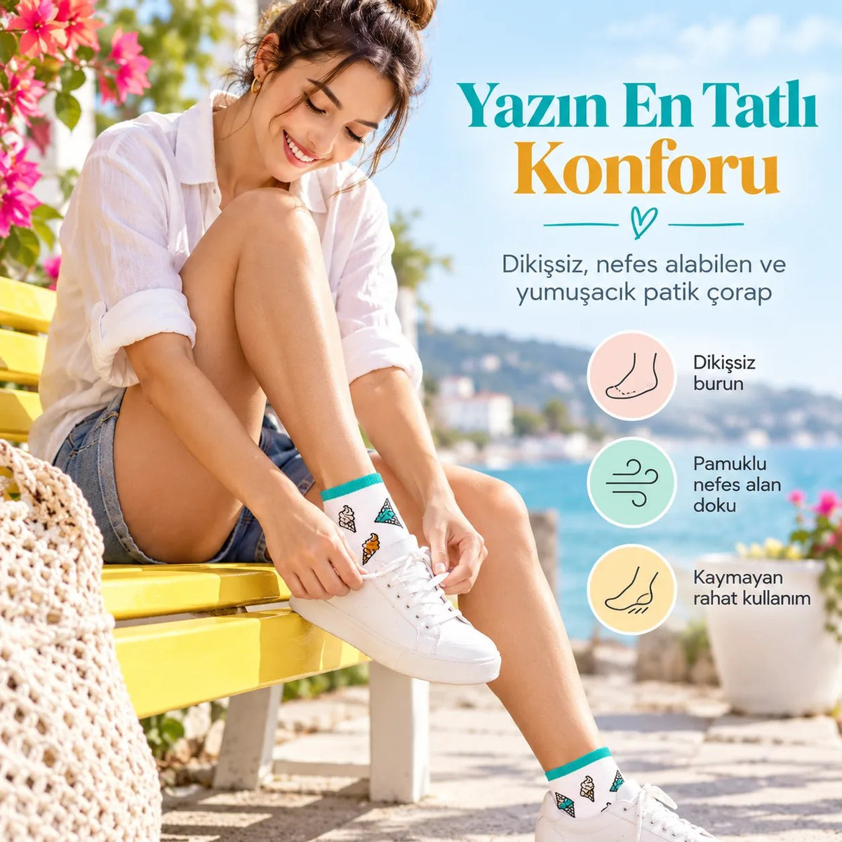 Kadın Beyaz Turkuaz Dondurma Desenli Patik Çorap | Rahat, Şık ve Eğlenceli Günlük Kısa Bilek Çorabı 6'lı Paket
