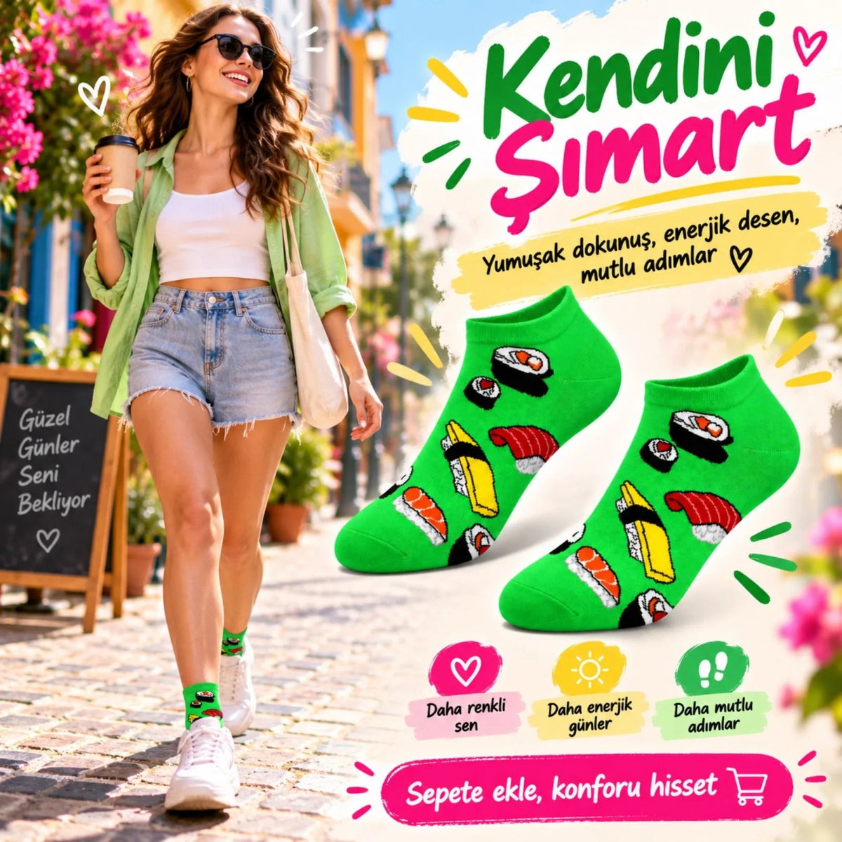 Kadın Patik Çorap Yeşil Sushi Desen | Renkli Eğlenceli Günlük Kısa Bilek Çorap 6'lı Avantajlı Çorap Seti