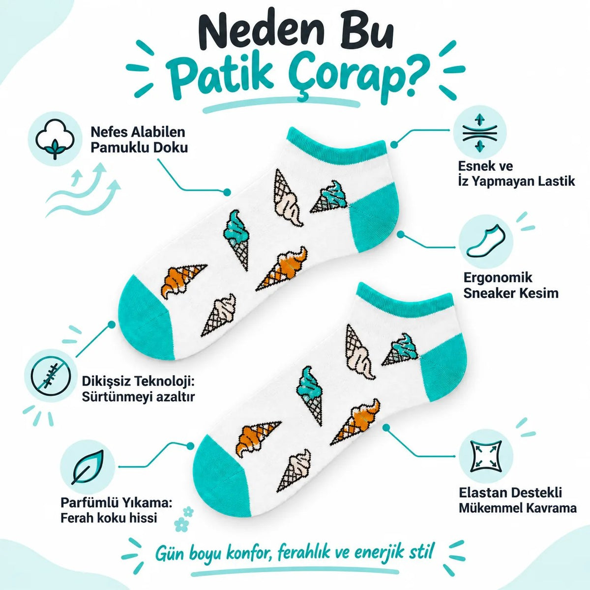 Kadın Beyaz Turkuaz Dondurma Desenli Patik Çorap | Rahat, Şık ve Eğlenceli Günlük Kısa Bilek Çorabı 6'lı Paket