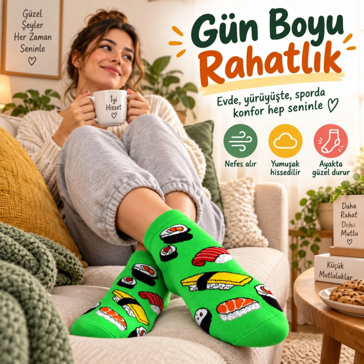 Kadın Patik Çorap Yeşil Sushi Desen | Renkli Eğlenceli Günlük Kısa Bilek Çorap 6'lı Avantajlı Çorap Seti