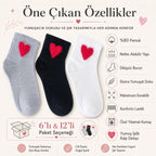 Kadın %80 Pamuk Kalp Desenli Kısa Konç Bilek Çorap 12’li  ve 6’lı Paket, Siyah Beyaz Gri, Yumuşak Dokulu ve Dikişsiz Burun