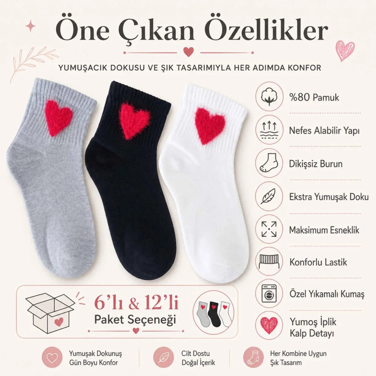 Kadın %80 Pamuk Kalp Desenli Kısa Konç Bilek Çorap 12’li  ve 6’lı Paket, Siyah Beyaz Gri, Yumuşak Dokulu ve Dikişsiz Burun