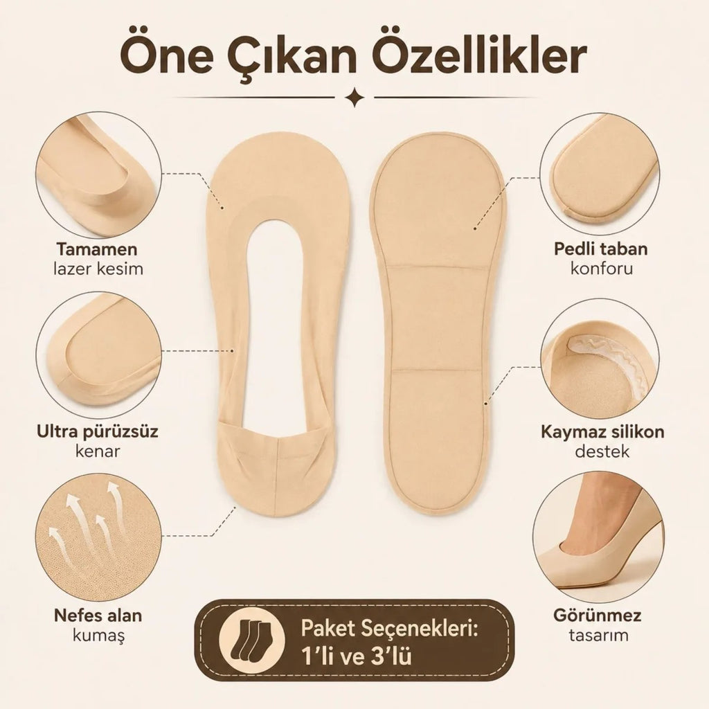 Kadın Pedli Lazer Kesim Görünmez Babet Çorabı 1’li ve 3’lü Paket – Kaymaz Silikonlu Siyah ve Bej