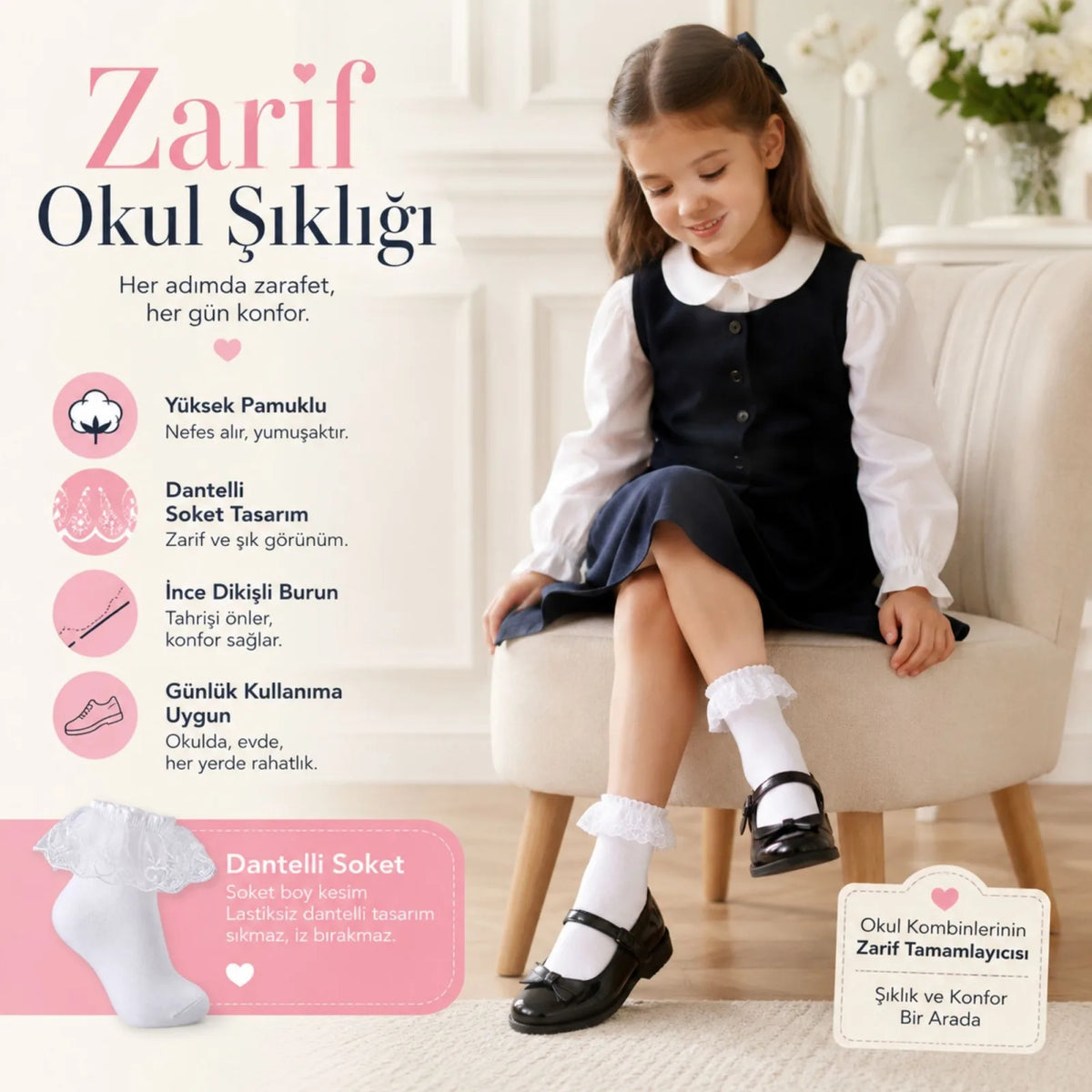 Kız Çocuk Beyaz Dantelli Soket Çorap 6'lı | Pamuklu Okul Gösteri Özel Gün Çorabı