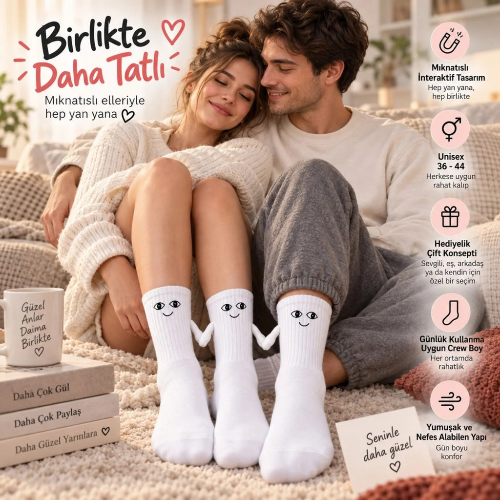 Mıknatıslı El Ele 2'li Unisex Tutuşan Sevimli Çorap 36-44 | Çift Hediyesi, Pamuklu Renkli Crew Model