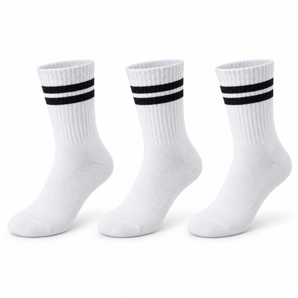 Unisex Beyaz Çorap Siyah Çizgili 3'lü Set Uzun Soket Günlük Spor Kolej Stil Rahat Kadın Erkek Çorabı