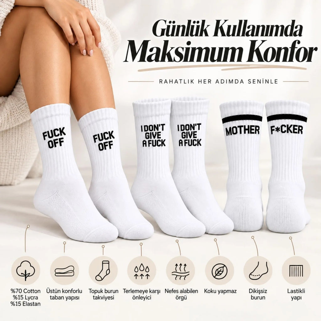 Unisex Beyaz Yazılı Çorap Esprili Sloganlı Uzun Soket Günlük Spor Rahat 6lı Eğlenceli Şık Hediye Set