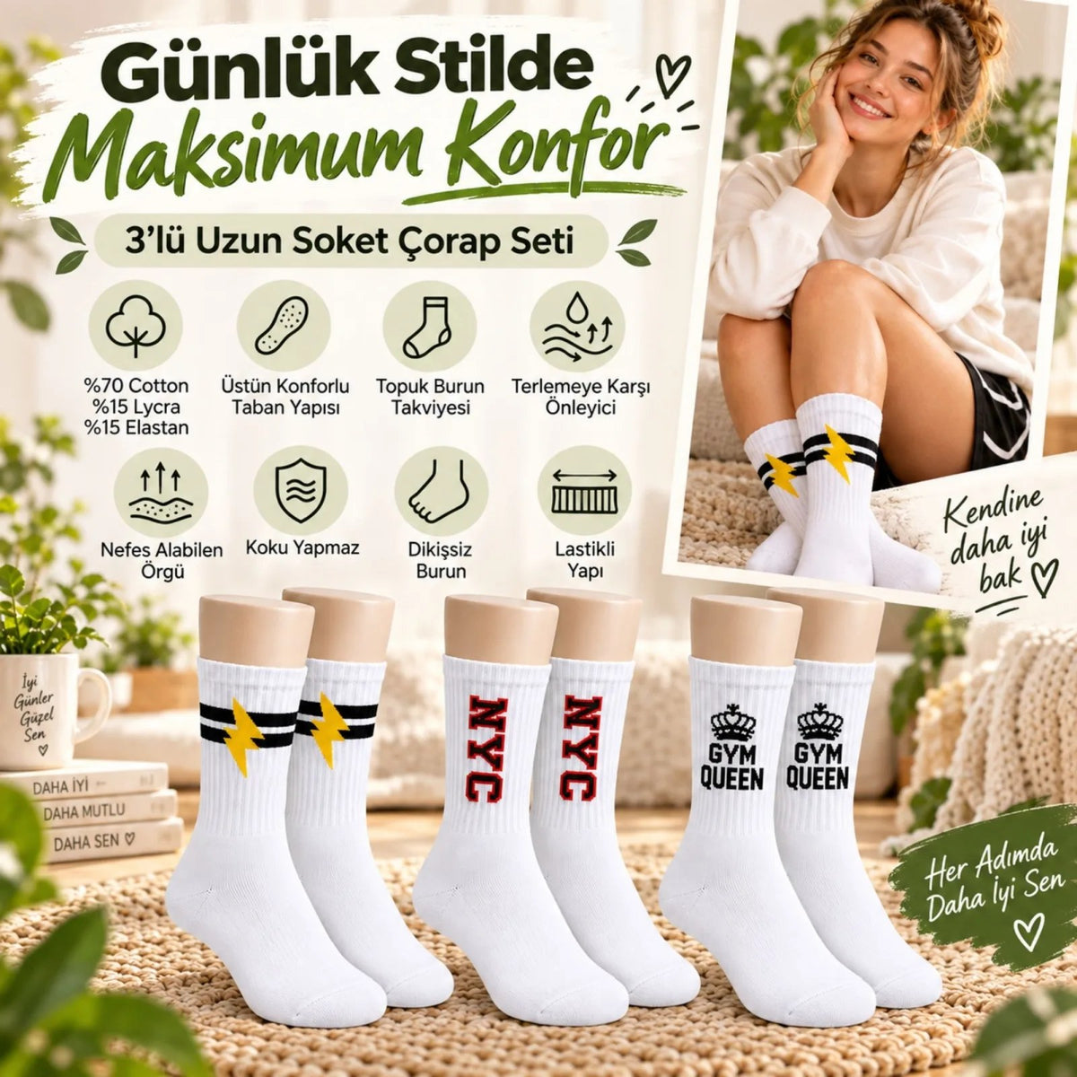 Kadın Spor Çorap Beyaz Yazılı 6'lı Set Uzun Soket Pamuklu Dikişsiz Nefes Alan Spor Konforlu Çoraplar