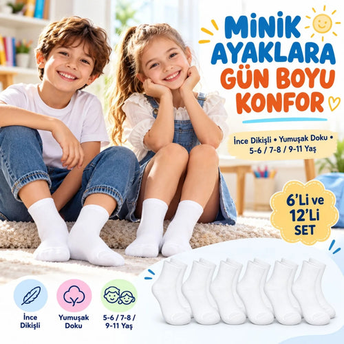 Çocuk Beyaz Çorap 12'li Set İnce Dikişli Yumuşak Nefes Alabilen Okul Günlük Rahat Çorap 5-11 Yaş Seti