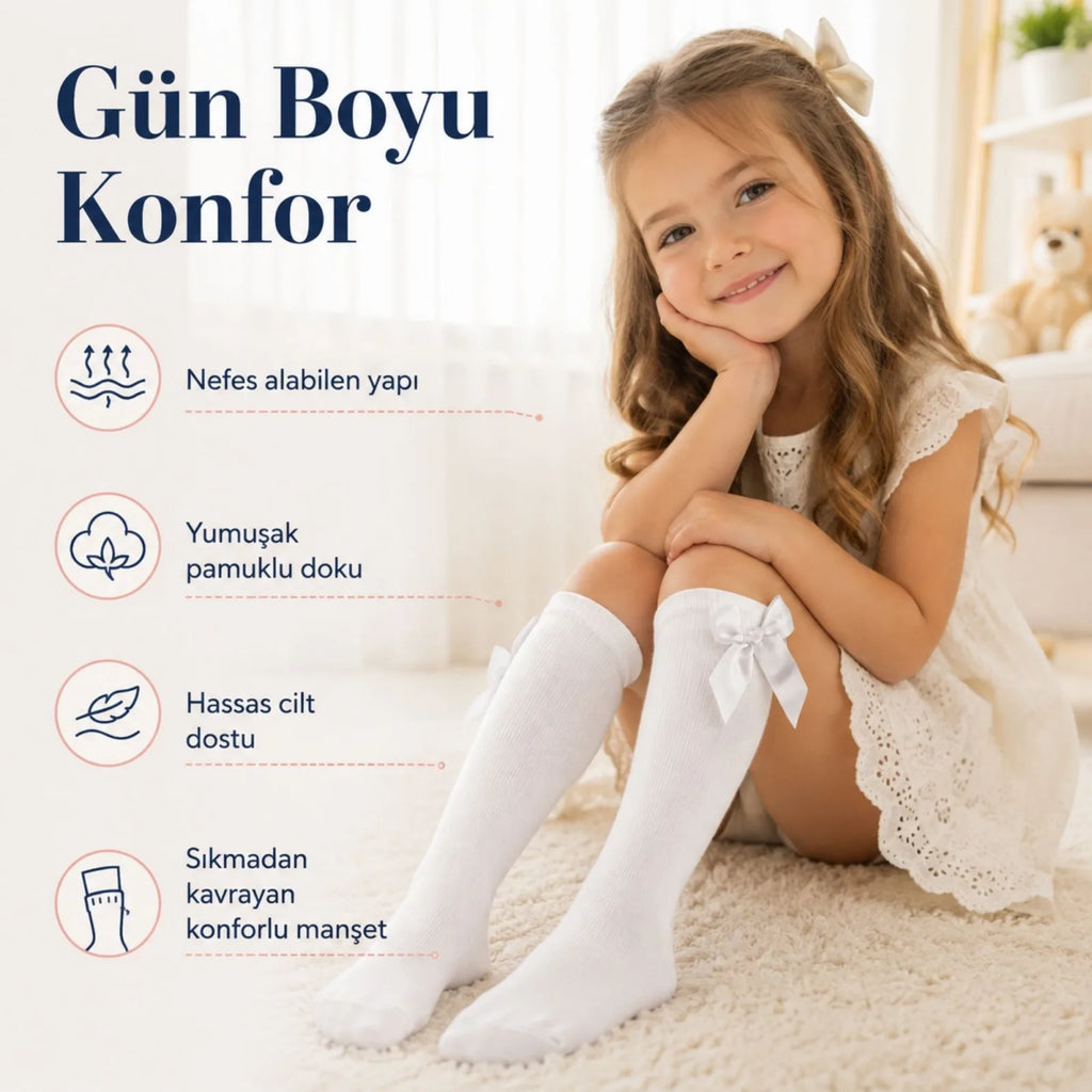 Kız Çocuk Beyaz Kurdeleli 6'lı Diz Altı Çorap, Pamuklu Fitilli Okul Bale ve Özel Gün Çorabı