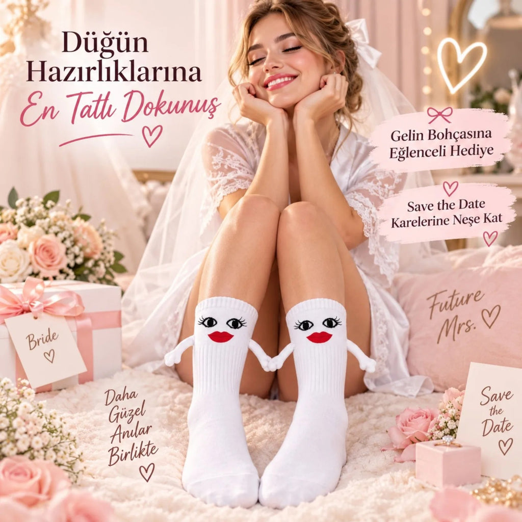 Mıknatıslı Gelin Çorabı Kadın Beyaz El Ele Tutuşan Düğün Çeyiz Bohça Bekarlığa Veda Eğlenceli Çorap