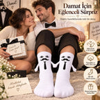 Mıknatıslı Damat Çorabı Erkek Beyaz Bıyık Kravat El Ele Tutuşan Düğün Çeyiz Bohça Eğlenceli Çorap