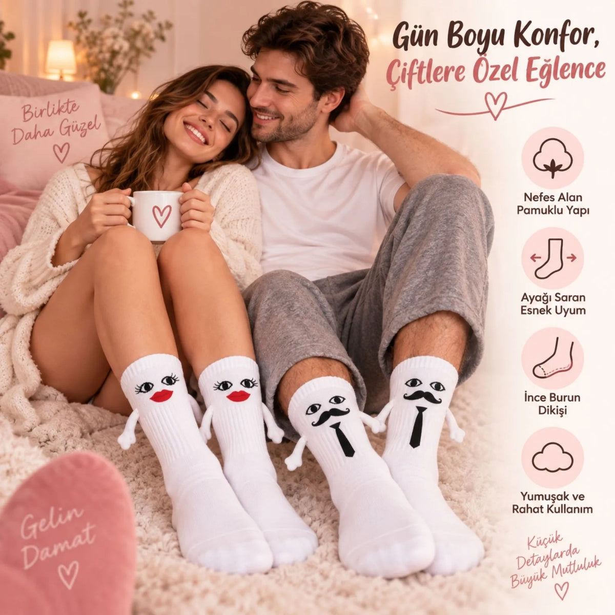 Mıknatıslı Gelin Damat Çorabı 2 Çift El Ele Tutuşan Düğün Çeyiz Bohça Eğlenceli Set