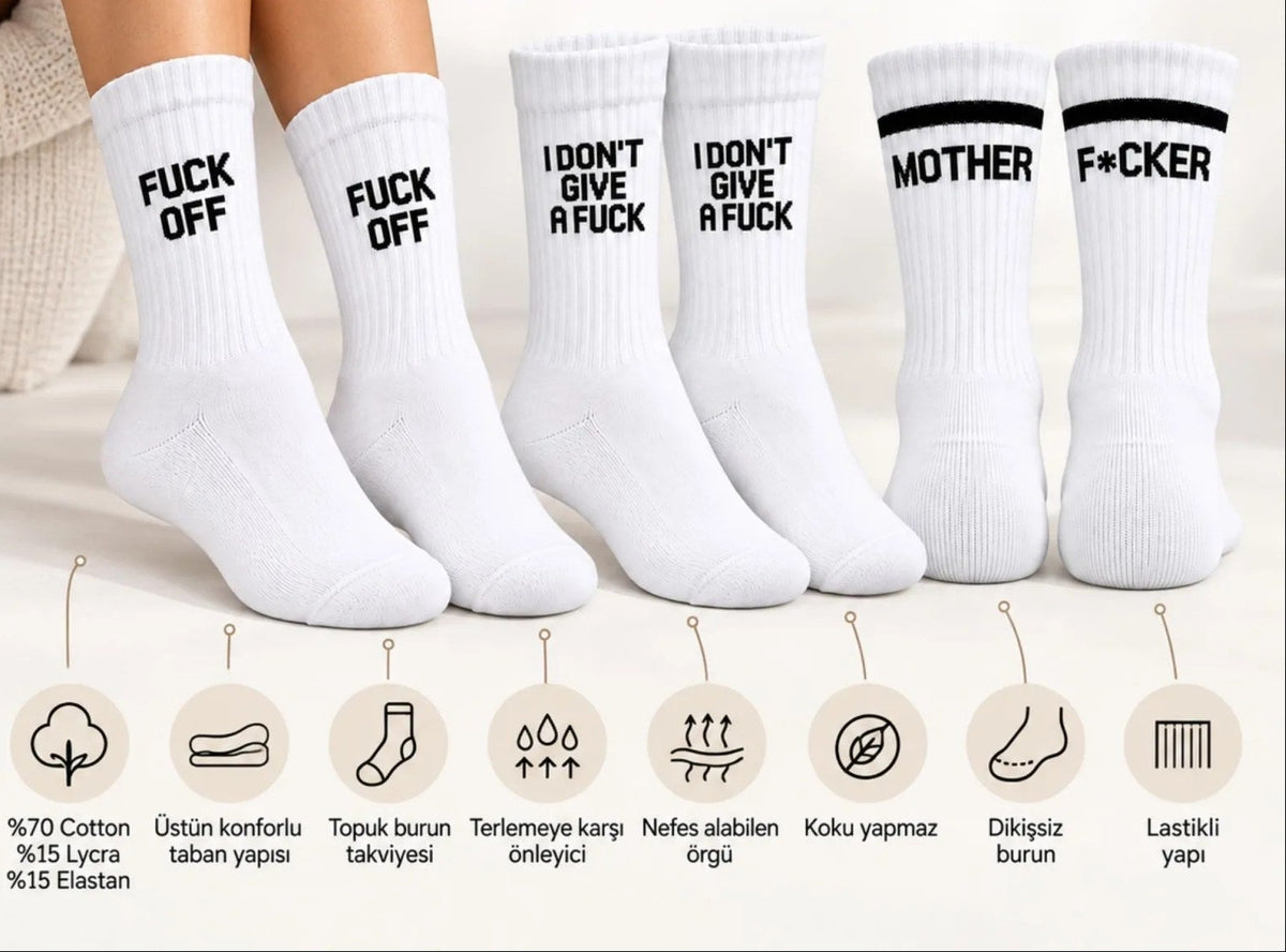 Unisex Beyaz Yazılı Çorap Esprili Sloganlı Uzun Soket Günlük Spor Rahat 3lü Eğlenceli Şık Hediye Set