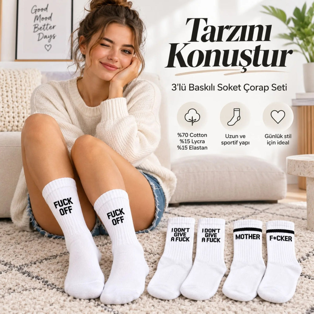 Unisex Beyaz Yazılı Çorap Esprili Sloganlı Uzun Soket Günlük Spor Rahat 6lı Eğlenceli Şık Hediye Set