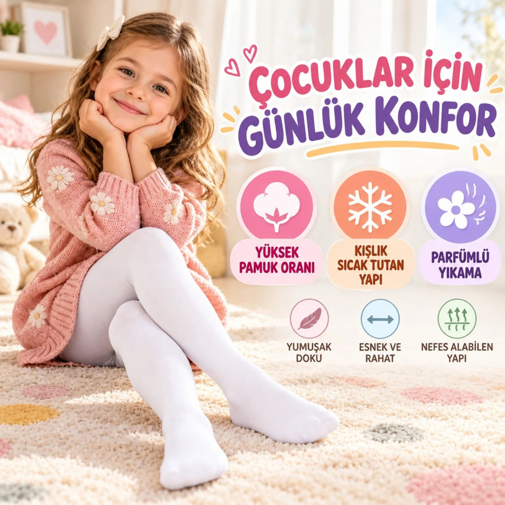 Çocuk Beyaz Külotlu 3'lü Çorap Yüksek Pamuklu Kışlık Parfümlü Okul Çorabı Esnek Rahat