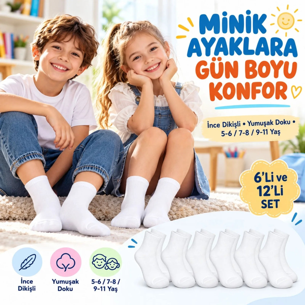 Çocuk Beyaz Çorap 6'lı Set İnce Dikişli Yumuşak Nefes Alabilen Okul Günlük Rahat Çorap 5-11 Yaş Seti