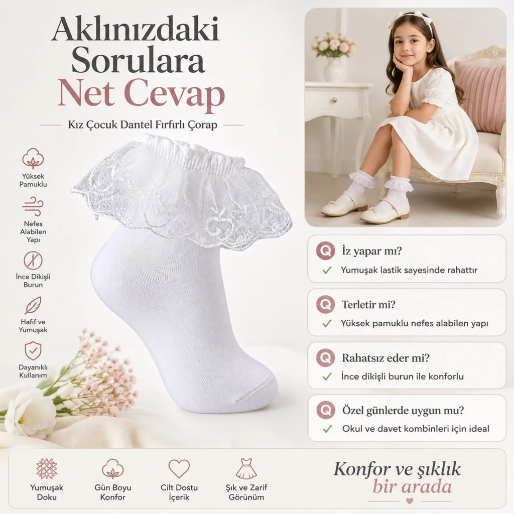 Kız Çocuk Beyaz Dantelli Soket Çorap 6'lı | Pamuklu Okul Gösteri Özel Gün Çorabı