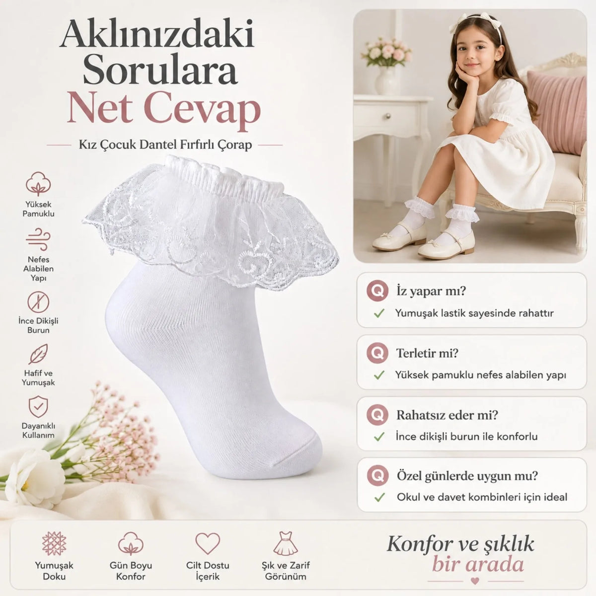 Kız Çocuk Beyaz Dantelli Soket Çorap 6'lı | Pamuklu Okul Gösteri Özel Gün Çorabı