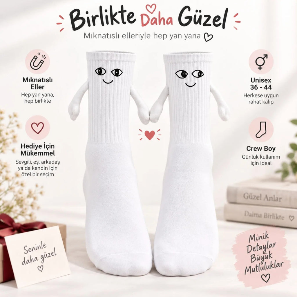 Mıknatıslı El Ele 2'li Unisex Tutuşan Sevimli Çorap 36-44 | Çift Hediyesi, Pamuklu Renkli Crew Model