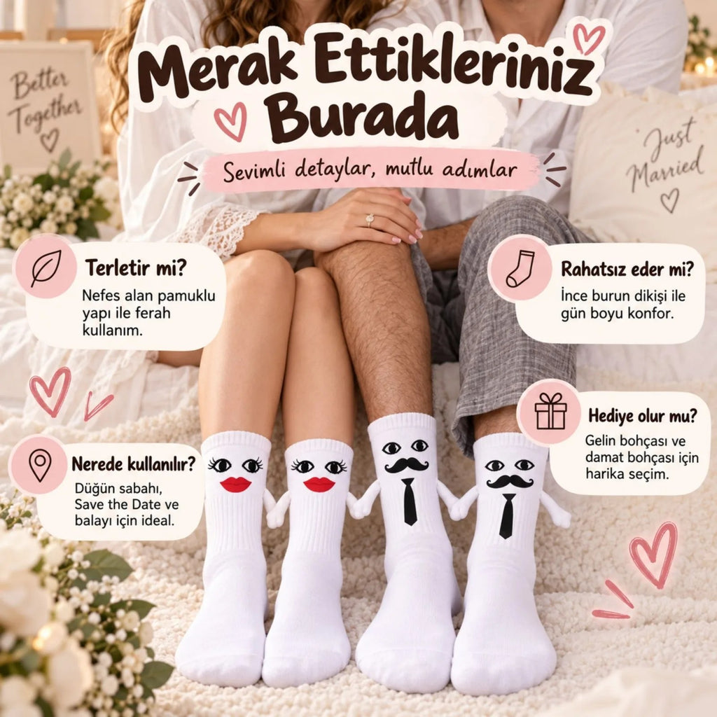 Mıknatıslı Gelin Damat Çorabı 2 Çift El Ele Tutuşan Düğün Çeyiz Bohça Eğlenceli Set