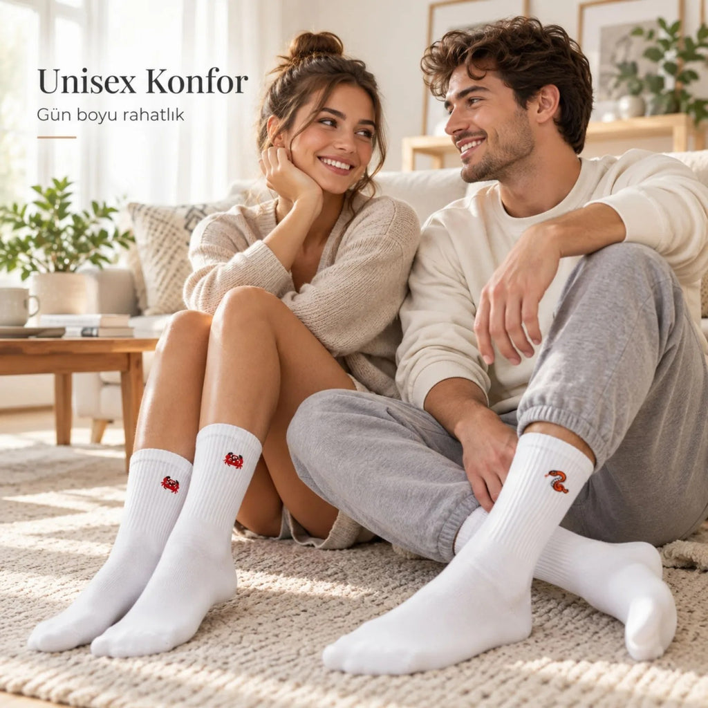 UNİSEX Çorap Beyaz Hayvan Nakışlı 3'lü Set Yengeç Yılan Kedi Desenli Uzun Soket Günlük Spor Çorabı