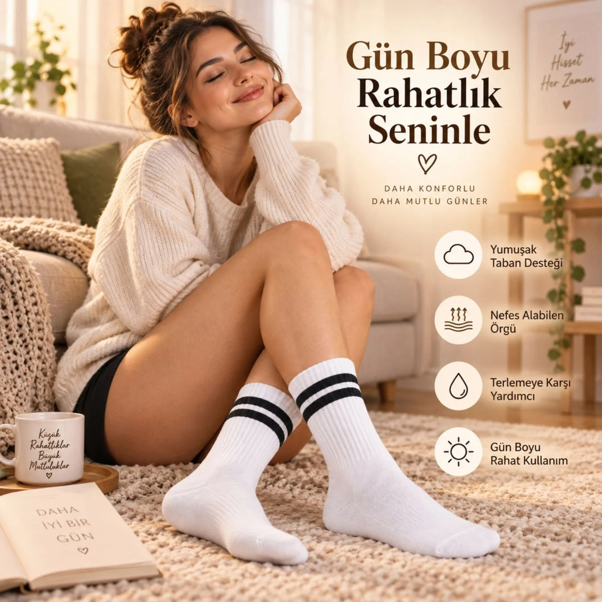 Unisex Beyaz Çorap Siyah Çizgili 6'lı Set Uzun Soket Günlük Spor Kolej Stil Rahat Kadın Erkek Çorabı