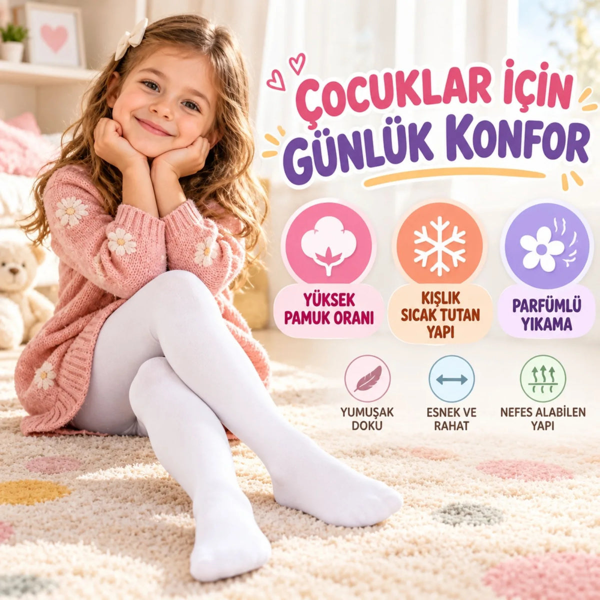 Çocuk Beyaz Külotlu Çorap Yüksek Pamuklu Kışlık Parfümlü Okul Çorabı Esnek Rahat
