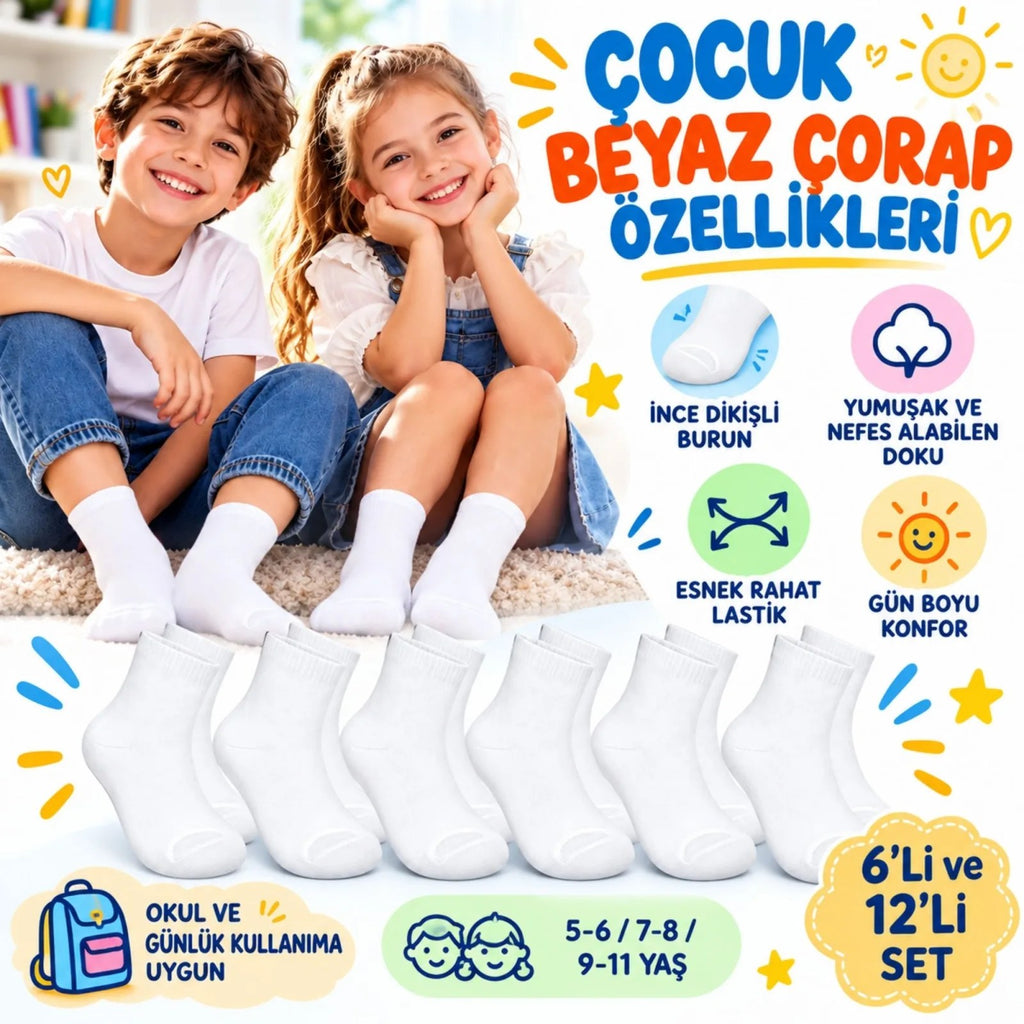 Çocuk Beyaz Çorap 6'lı Set İnce Dikişli Yumuşak Nefes Alabilen Okul Günlük Rahat Çorap 5-11 Yaş Seti