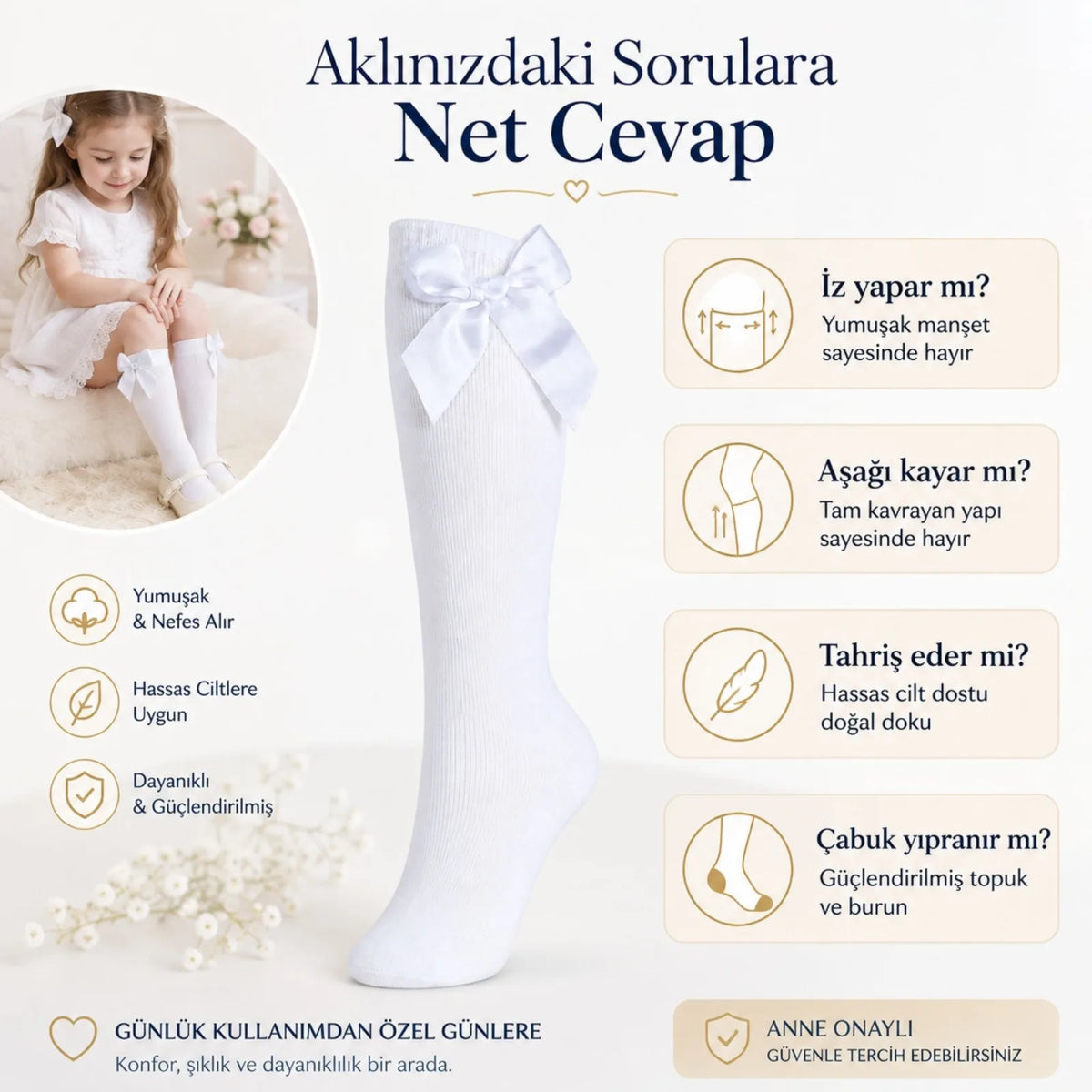 Kız Çocuk Beyaz Kurdeleli 6'lı Diz Altı Çorap, Pamuklu Fitilli Okul Bale ve Özel Gün Çorabı