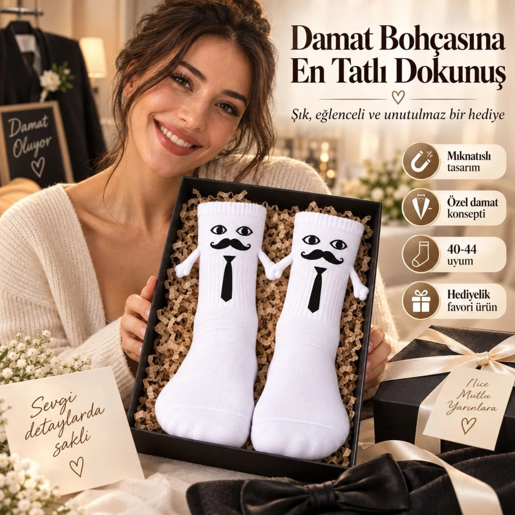 Mıknatıslı Damat Çorabı Erkek Beyaz Bıyık Kravat El Ele Tutuşan Düğün Çeyiz Bohça Eğlenceli Çorap